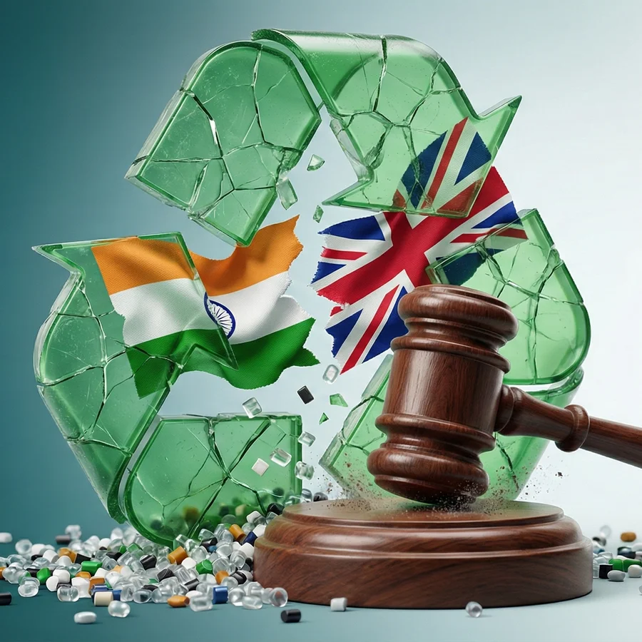Contaminated plastic waste feedstock showing mixed polymer types that degrade pyrolysis oil quality — illustrating the impact of polymer-agnostic recycling mandates