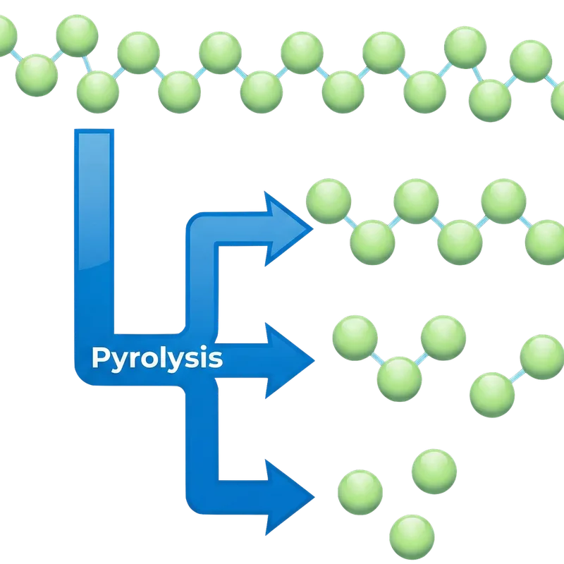 Pyrolysis breaks long polymer chains into shorter hydrocarbon molecules — producing oil, gas, and char