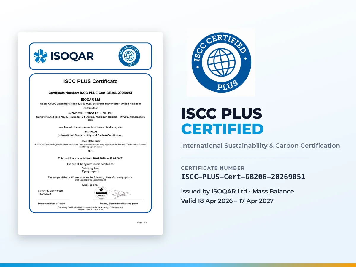 APChemi ISCC PLUS Certificate ISCC-PLUS-Cert-GB206-20269051, issued by ISOQAR, valid 18 April 2026 to 17 April 2027, Mass Balance chain of custody