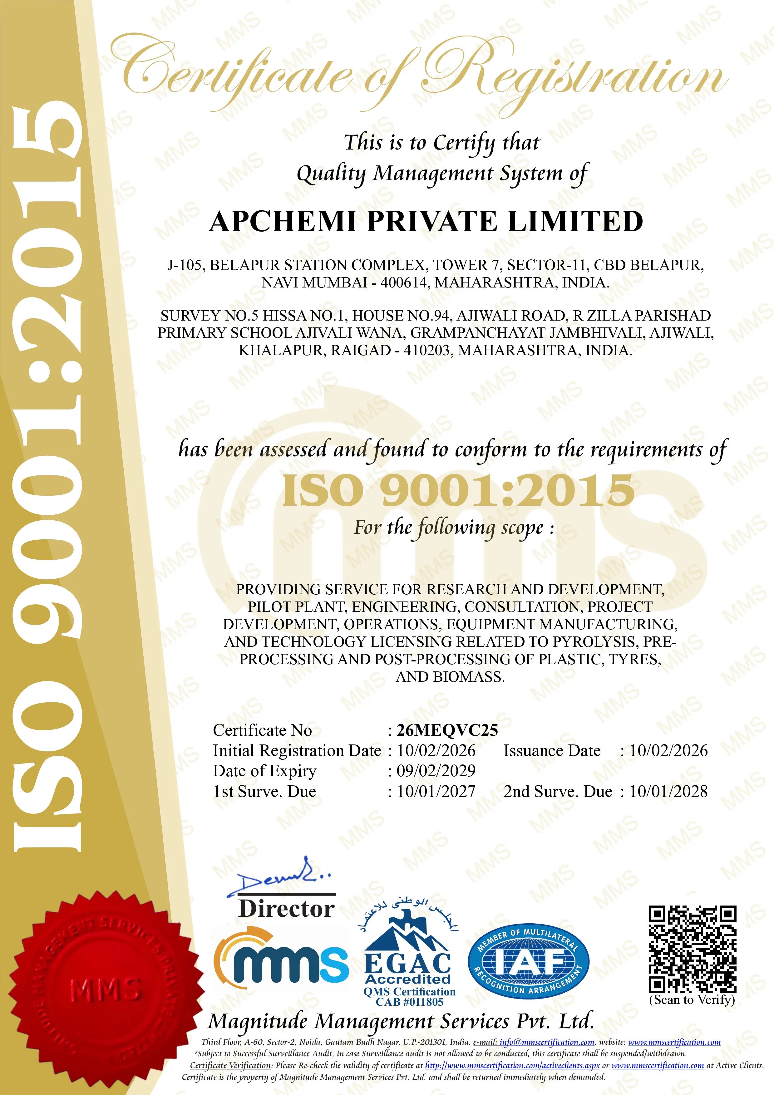 APChemi ISO 9001:2015 Quality Management System certification