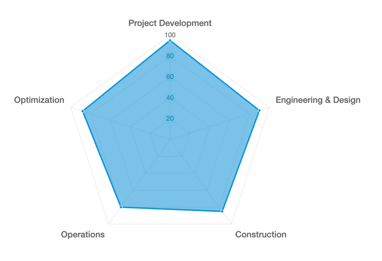 Radar chart showing challenges in pyrolysis project lifecycle