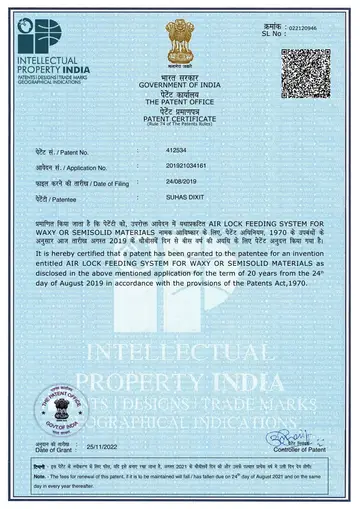 Patent certificate, India Patent No. 412534: Air Lock Feeding System for Waxy or Semisolid Materials