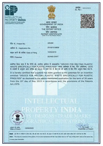 Patent certificate, India Patent No. 425480: Device for Melting Plastic Waste Specifically for Plastic Pyrolysis