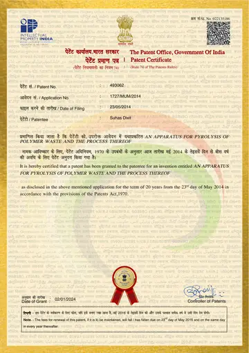 Patent certificate, India Patent No. 493062: An Apparatus for Pyrolysis of Polymer Waste and the Process Thereof