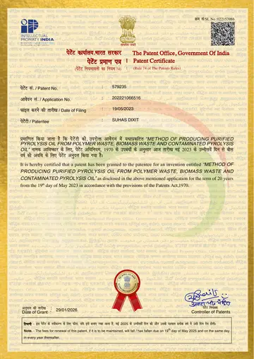 Patent certificate, India Patent No. 579235: Method of Producing Purified Pyrolysis Oil from Polymer Waste, Biomass Waste and Contaminated Pyrolysis Oil