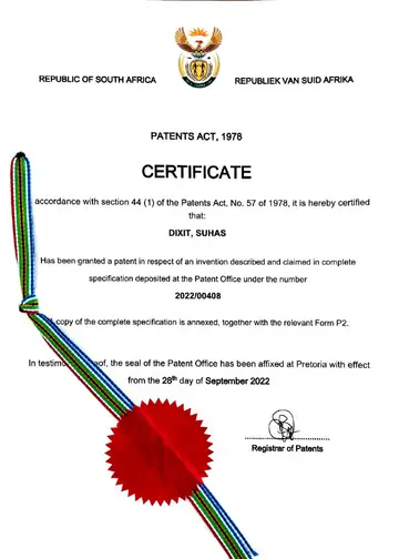Patent certificate, South Africa Patent No. 2022/00408: An Improved Clog-Free Condensation System for Pyrolysis Vapour of PET Containing Polymer
