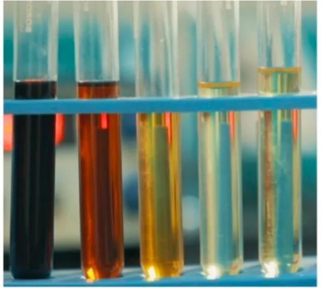 Pyrolysis oil quality comparison showing crude vs distilled fractions