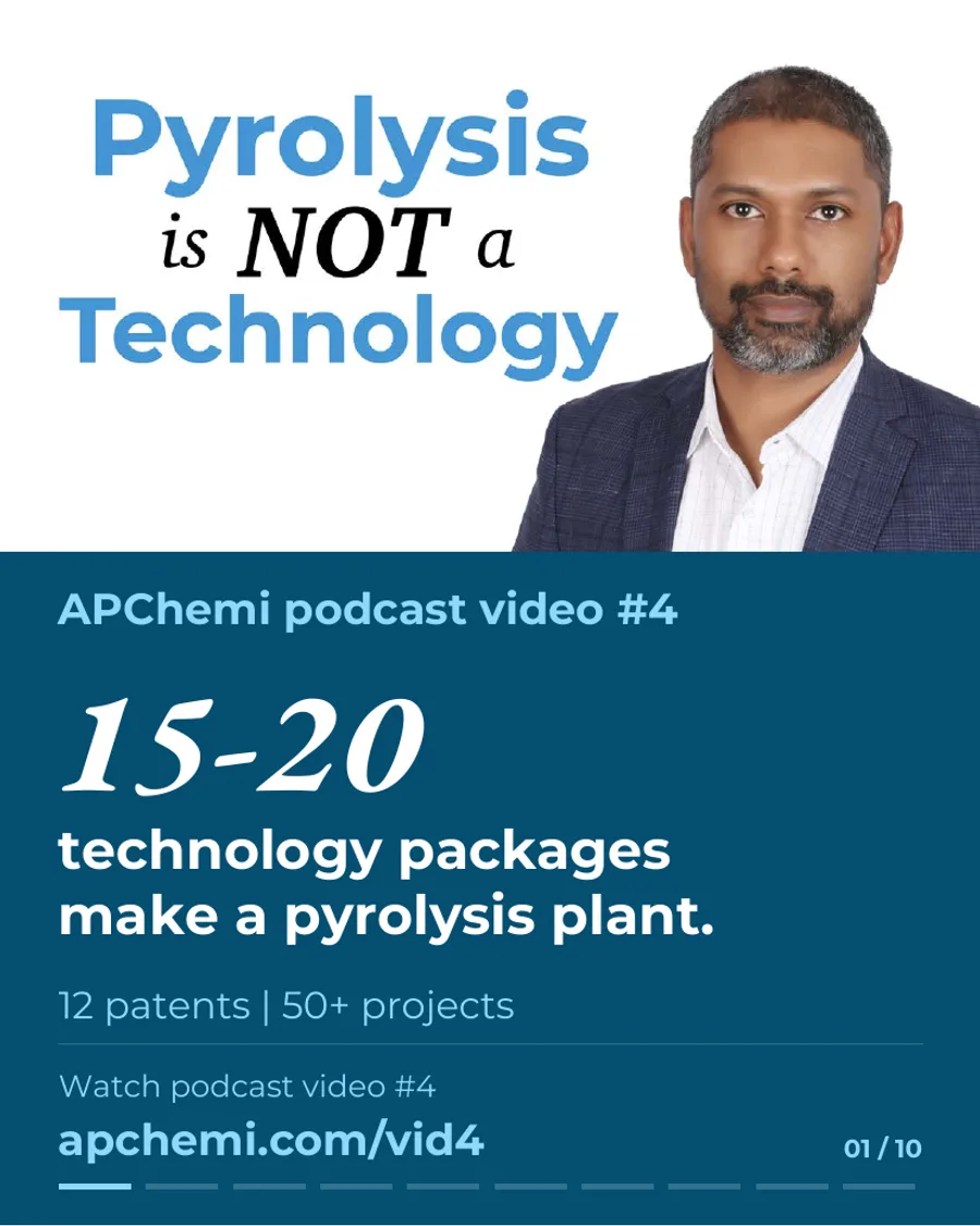 Slide 1 of 10: 15-20 technology packages make a pyrolysis plant. 12 patents, 50+ projects. APChemi podcast video #4.